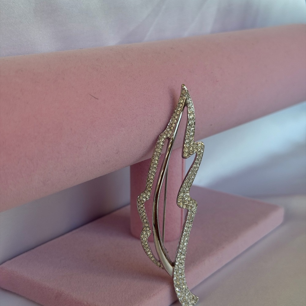 Vtg Signed Swan Swarovski Crystal Silver Plated Autumn Large Leaf Pin Brooch